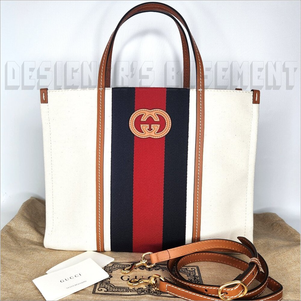 GUCCI white Canvas w/ cognac Leather Interlocking G WEB Medium Shopping Tote Bag - Picture 2 of 12